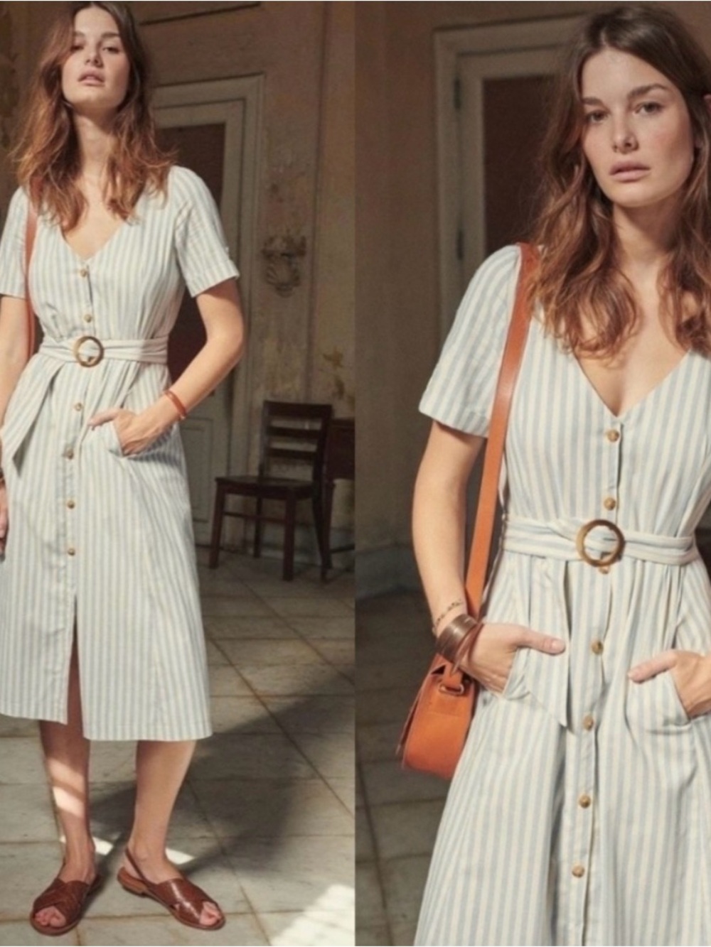 Sézane Striped Button-Front Belted Midi Dress in Blue & Cream – FR 36 / US 4